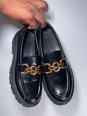 Black women’s Leather Loafers with Gold Chain Accent
